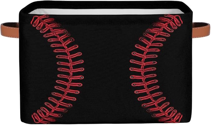 Storage Baskets Bin, Black Baseball Red Stitching Collapsible Canvas Fabric Storage Bin Decorative Baskets Toy Organizer Rectangle Storage Boxes with handles for Home Shelves Nursery,1Pack,C-04
