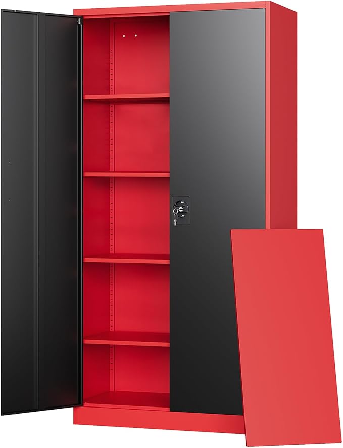 Metal Storage Cabinets with Lock, 71" Tall Locker Organizer Steel Cabinets, Adjustable Shelves 2 Doors for Home, Office, Warehouse,Garage,Industrial,Employee Lockers (Style B, Black Red)