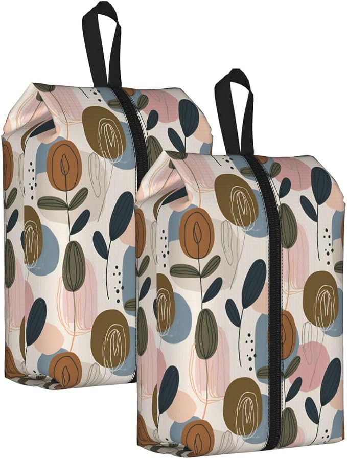 Abstract Organic Botanical Travel Shoe Bag for Men & Women, Waterproof Shoe Storage Organizer with Zipper, Portable Shoe Pouch for Sneakers, Heels, Sandals, Gym & Travel Luggage 2PCS