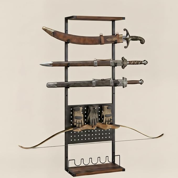 Indoor Gun Rack for Wall, Premium Wood & Metal Rifle Rack & Pistol Holder | Gun Wall Mount Display with Pegboard & Shelf, Versatile Storage for Shotgun Sword Bow for Home Gun Room, Garage and Man Cave