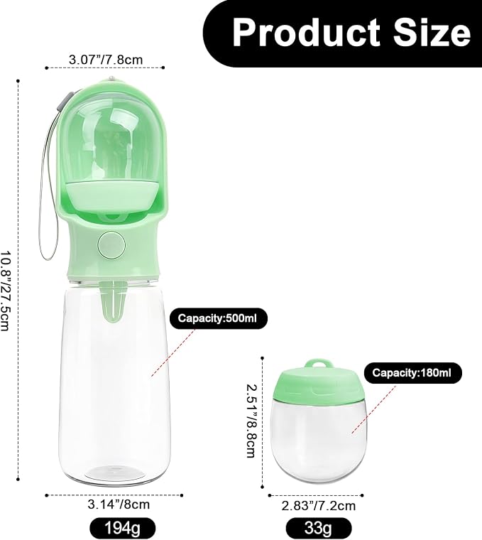 Green Large Portable Dog Water Bottle with Food Container | Travel Dog Water Bowl(500ml),Food Container(180ml),Leak-Proof,2-in-1 Pet Essential Outdoor Supplies for Walks Hikes Campsites