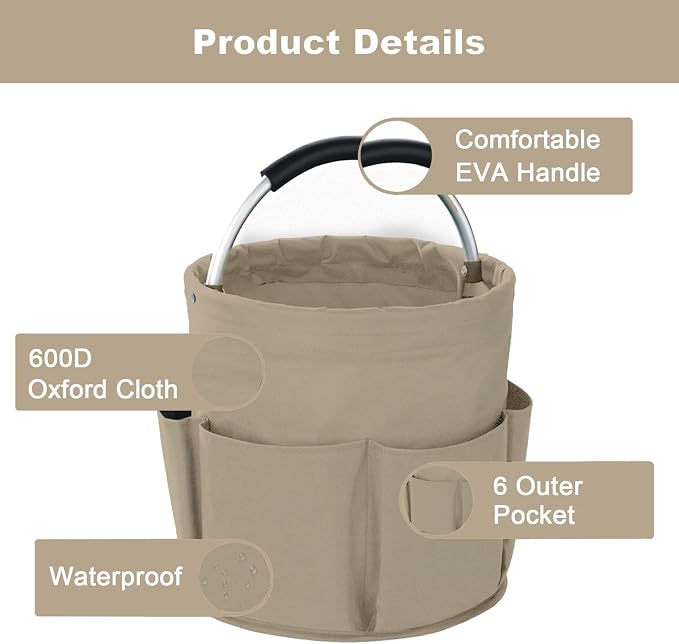 Cleaning Caddy with Handle, Cleaning Products Organiser, 17L Foldable Storage Basket, Cleaning Caddy Organiser, Portable Multi Cleaning Bucket Bag for Home, Garden (Khaki)