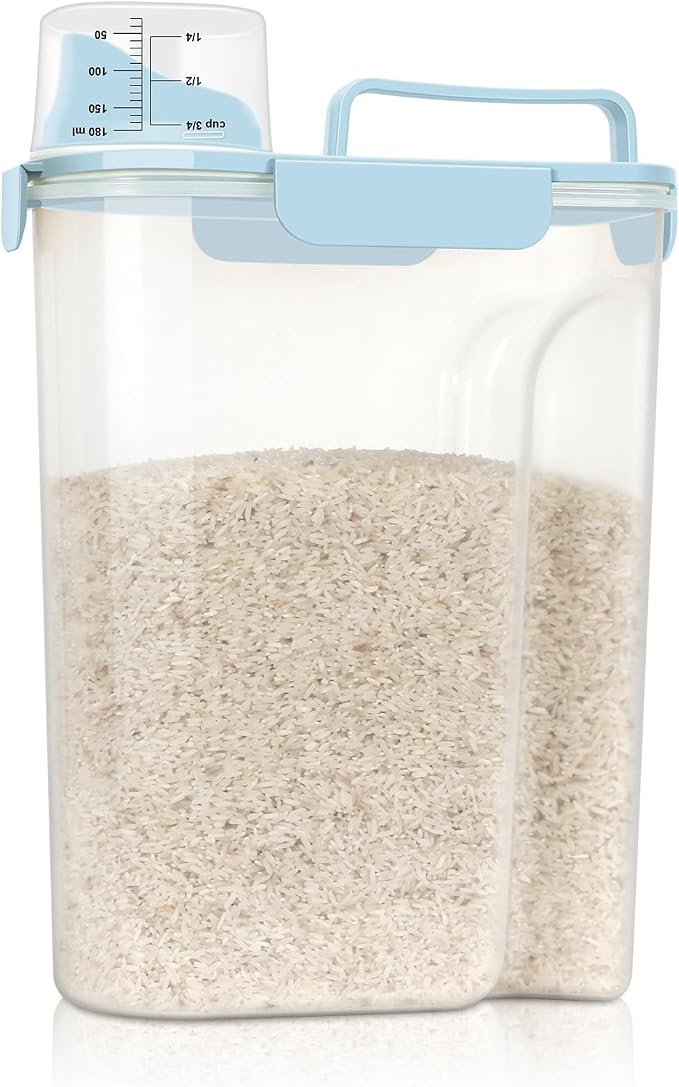 LEAWALK Airtight Rice Storage Container, Cereal Dry Food Flour and Sugar Bin, Dog Cat Food Dispenser with Measuring Cup, BPA Free Clear Plastic Kitchen (Sky blue, 5L-1pack)