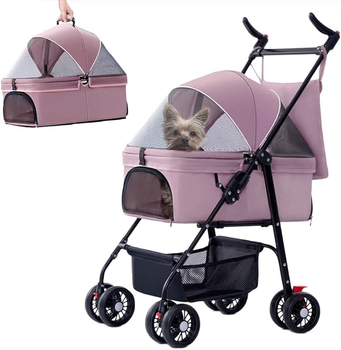 Foldable Pet Dog Stroller, Travel Dog Carrier with 4 Wheels Lightweight Dog Outing Accessories Cat Puppy Strolling Cart with Removable Liner & Storage Basket