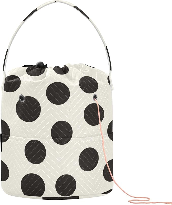 Tatenale Crochet Bag Yarn Bag Knitting Project Bag with Pockets and Handle Portable Yarn Storage Organizer Tangle Free 8.3x11 Inch Black and White Polka Dots