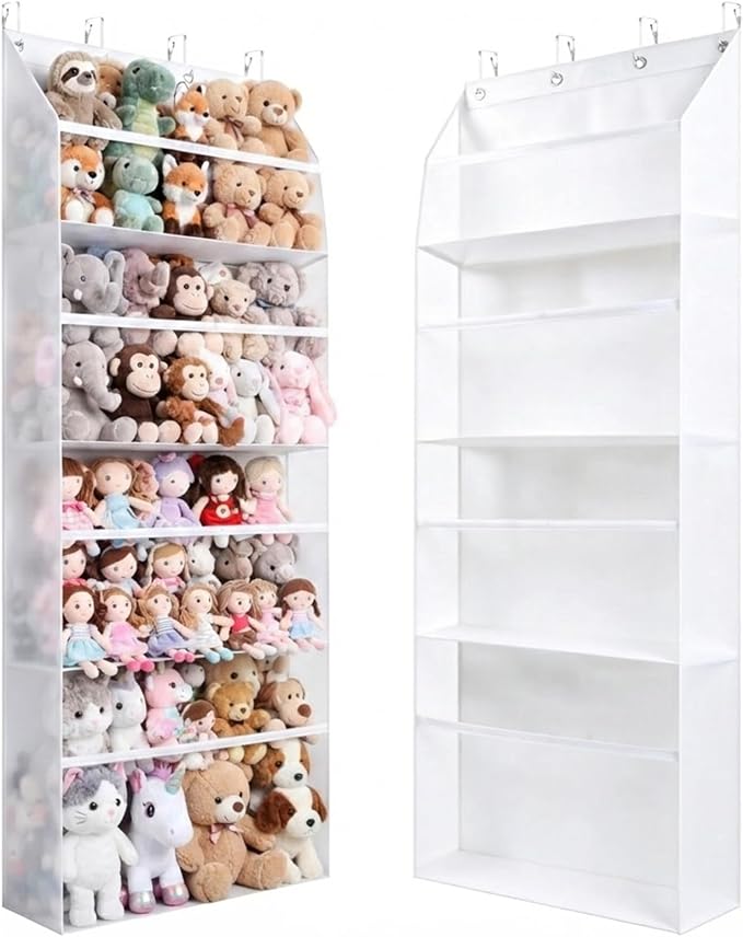 Heavy-Duty Plush Toy Storage Rack, 4-Tier Transparent Extra-Large Door-Mounted Storage Rack with Deep Pockets, a Great Helper for Baby Storage, Children's Plush Toy Storage Bag, White