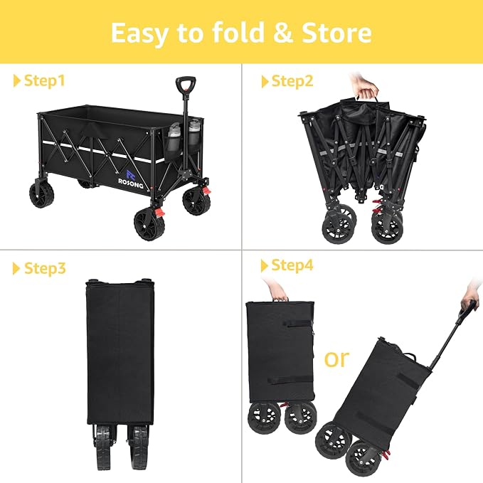 ROSONG Collapsible Wagon Cart with Wheels Foldable - Folding Utility Heavy Duty Wagons Carts for Grocery Sports Garden Shopping Camping Wheelbarrows (Black, 150L)