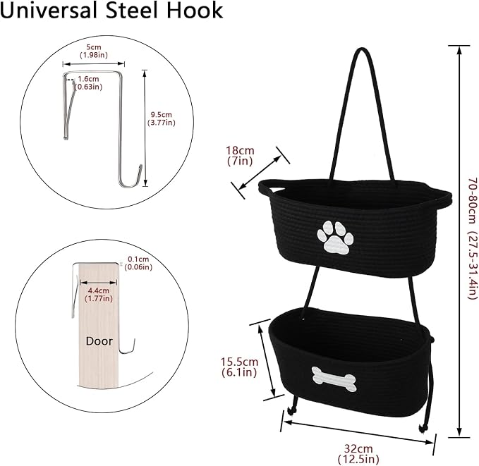 2-Tier Dog Baskets,Over Door Hanging Oganizer for Pet Stuff with Metal Hooks,Cotton Rope Wall-Mounted Storage Organizer for Dog Leash/Harness/Small Toys/Trash bag - Black