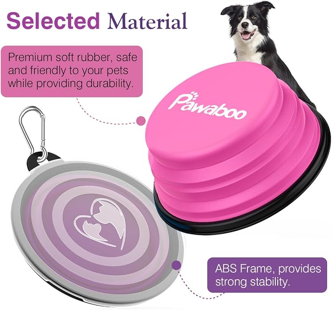Pawaboo Collapsible Travel Dog Bowls 2 Pack with Lids&Carabiners Silicone | Feeding Watering Bowls for Dogs Cats, Collapsable Water Feeder Food Bowl for Walking Traveling Home Use, Pink + Purple