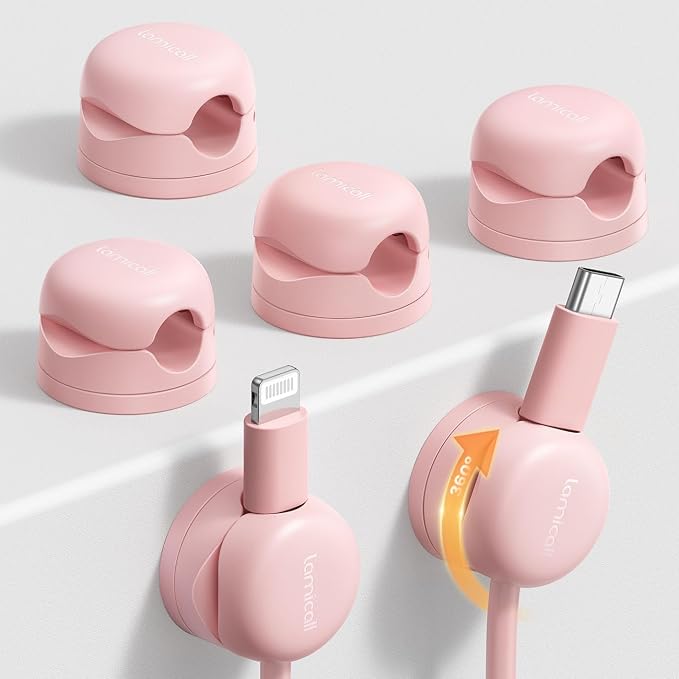 Lamicall 6 Pack Pink Rotatable Spring Cord Organizer Cable Clips | Women Girls Gift Gadget, Adhesive Cable Management for Desk Nightstand Wall, Office Home Dorm Decor, Charger Cord Holder