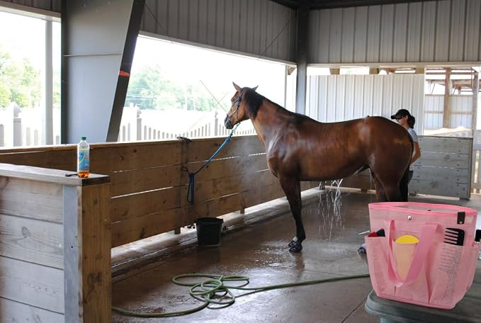 Mesh Horse Grooming Tote Bag Breathable Waterproof, 6 Pockets Horse Grooming Kit Tool Bags, Horse Cleaning Totes for Cleaning Supplies, Pet Grooming Organizer for Horse Cow Cat, Pink&Hot Pink