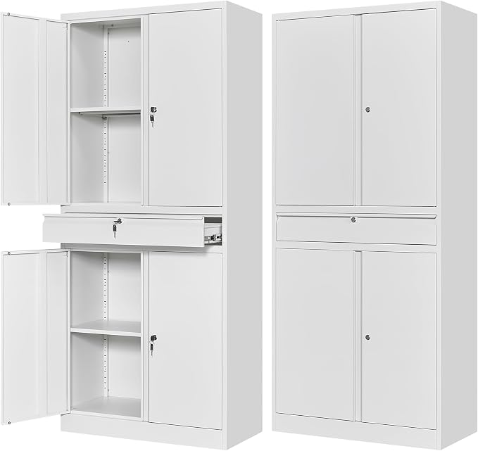 Metal Garage Storage Cabinet with Drawer,4 Door Tool Cabinet with Lock-2 Adjustable Shelves for Garage Home Office Utility Room (White)