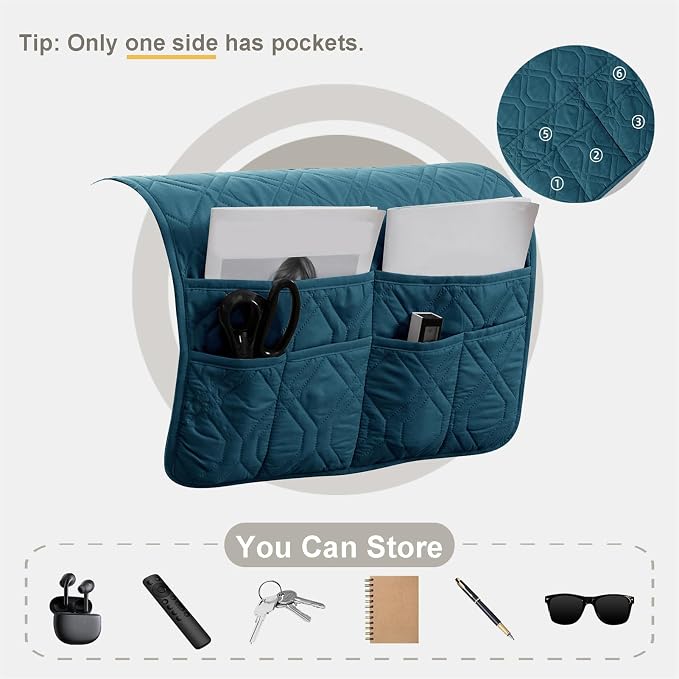 Waterproof Armrest Chair Covers with 6 Side Pocket 1 2 3 Seater Anti-Slip Chair Headrest Cover Armchair Slipcover Washable Protector for Pets Leather Sofa Couch (Aqua Blue,1 Seater 3PCS)
