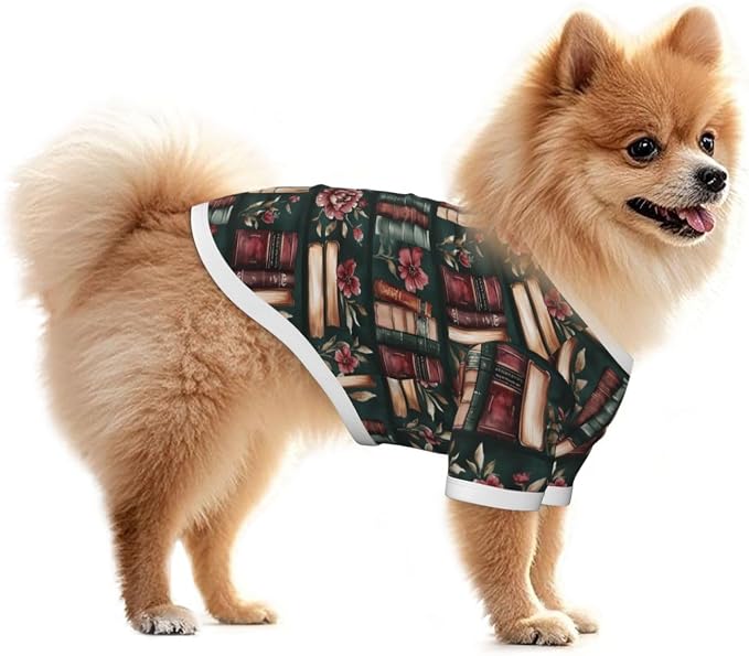 Vintage Floral Bookshelf Dog T Shirt Dogs Cats Cotton Shirts Short Sleeve Clothes Soft Stretchy Pet Costume Doggy Outfit Pullover Jumper Puppy Sweatshirt Small