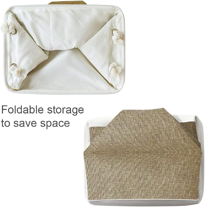 Storage Basket for Organizing - 14x10x7 inch Medium 3 Pack Collapsible Storage Bin for Shelves with Handles, Canves Storage Box for Organizer Cubes Cloth Gift Toy Closet (White & Khaki)
