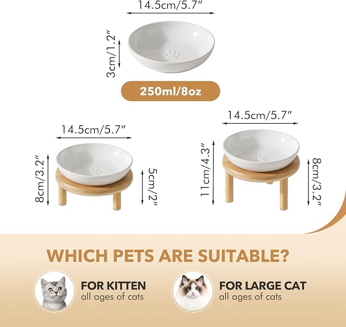 Havniva Elevated Cat Bowls, Ceramic Cat Bowl with Bamboo Stand Wide Opening | 5.7” Raised Cat Food Bowls, Whisker Friendly Cat Dish, Anti-Slip Cat Water Bowls, Shallow Cat Bowls, Cat Food & Water Bowl
