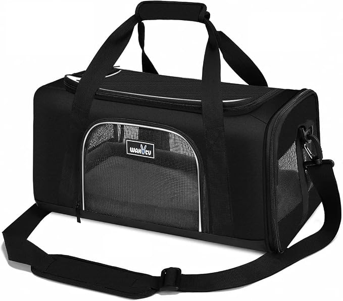 Wakytu TSA Approved Pet Carrier for Small Cats and Dogs,17.7x11x8.3, Black | 3 entrances & 5 vents, waterproof rip-stop, anti-escape locks, padded strap,plane underseat,cat dog carrier