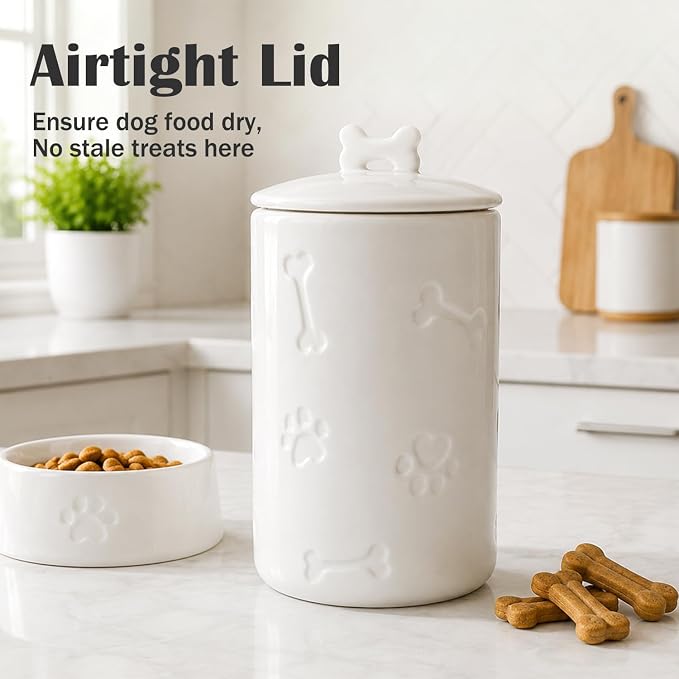 Dog Treat Container Airtight - 9"x5" Ceramic Big Treats Jar with Lid(White) | Large Capacity Doggie Cookie Jar for Countertop, Airtight Lid Keep Food Fresh, Sturdy Durable, Cute Prints and Bone Handle
