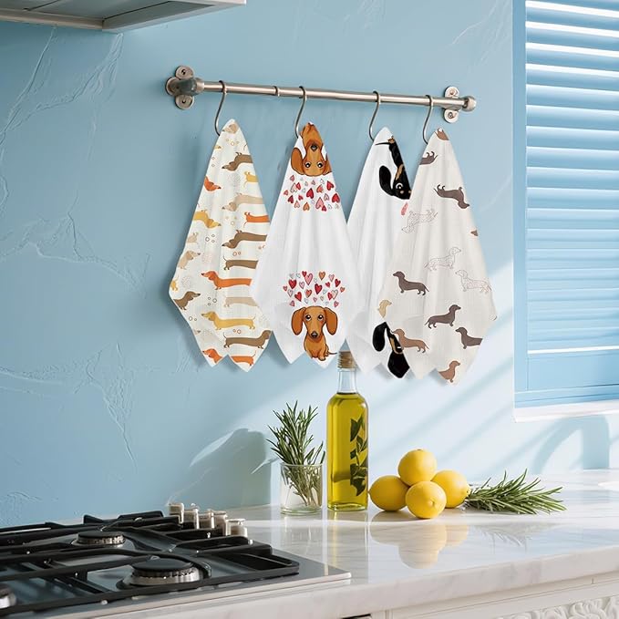 4 Pcs Dachshund Kitchen Towels 24x14 Inch, Dachshund Gifts Reusable Dish Towels for Kitchen Bathroom Decor, Waffle Weave Absorbent Hand Cloth Tea Towel, Cute Weiner Dog Gifts for Women Mom Friend