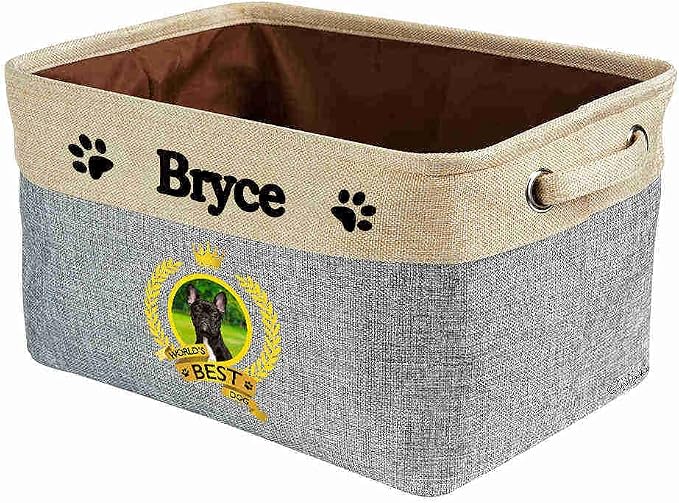 Custom Name Collapsible Dog Toy Storage Basket Bin World's Best Dog French Bulldog Puppy Foldable Pet Toy Box Closet Shelf Baskets Organizer for Bedroom Home Dog Cat with Handles Gray
