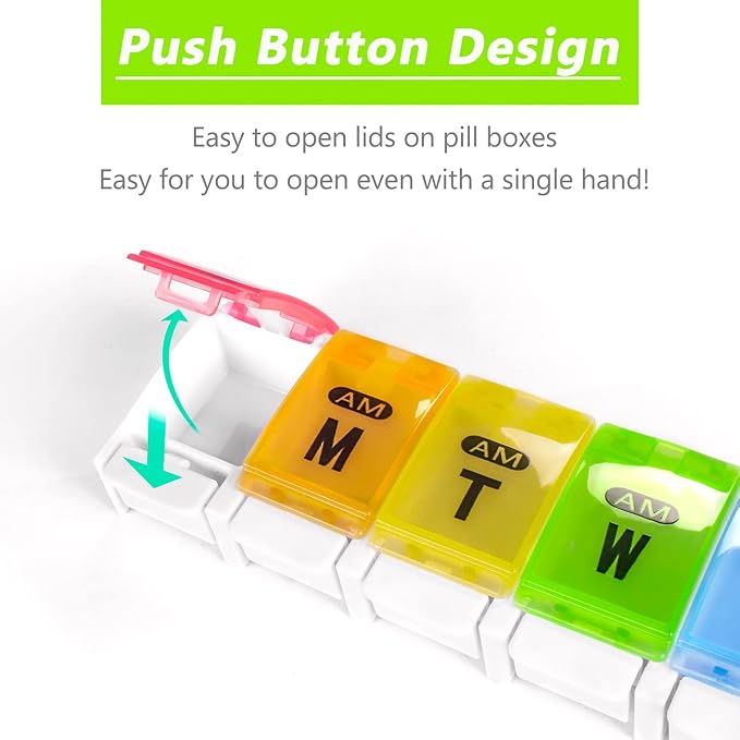 Extra Large Weekly Pill Organizer 2 Times a Day - Remtise Am/Pm Daily Pill Case Medicine Organizer, Push Button 7 Day Pill Box for Pills/Vitamin/Cod Liver Oil/Supplements (Rainbow)