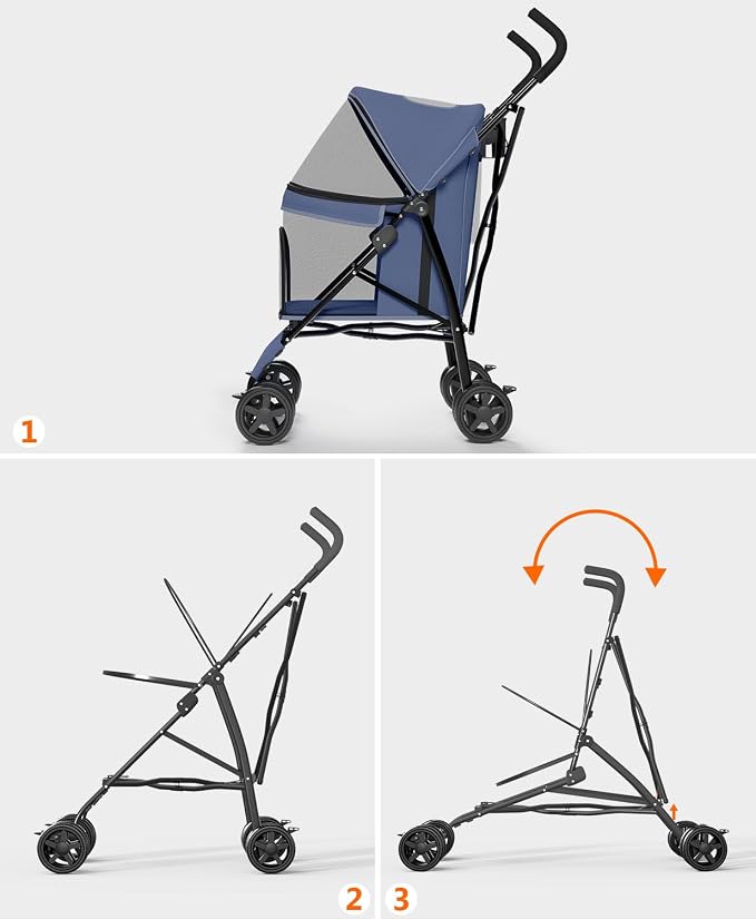 OS MOTOR 4 Wheels Pet Stroller for Small Medium Pets, Navy Blue | Foldable Carrier Jogger, Rear Wheel Breaks, Storage Basket, Visible Mesh Weather Cover, Portable, Dog, Cat, Puppy, Kitty