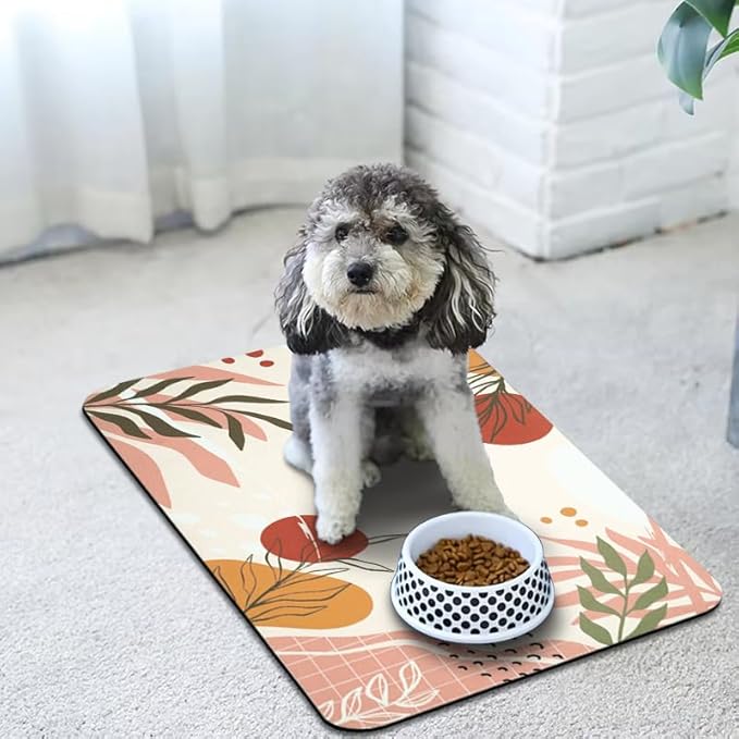 Dog Food Mats for Floors Waterproof, Pet Water Bowl Mats Pet Feeding Absorbent Placemats Bohemia Tropical Leaves 16 * 24 inch