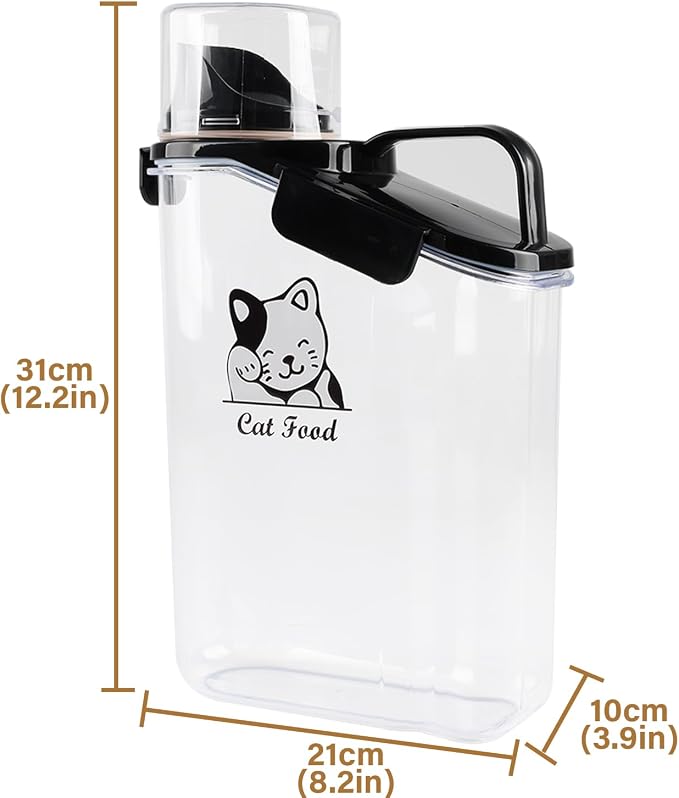 Geyecete dry cat food container with Measuring Cup & Pour Spout Portable-3 Qt/2.8 L Clear Plastic cat Food Jar Airtight Transparent-White