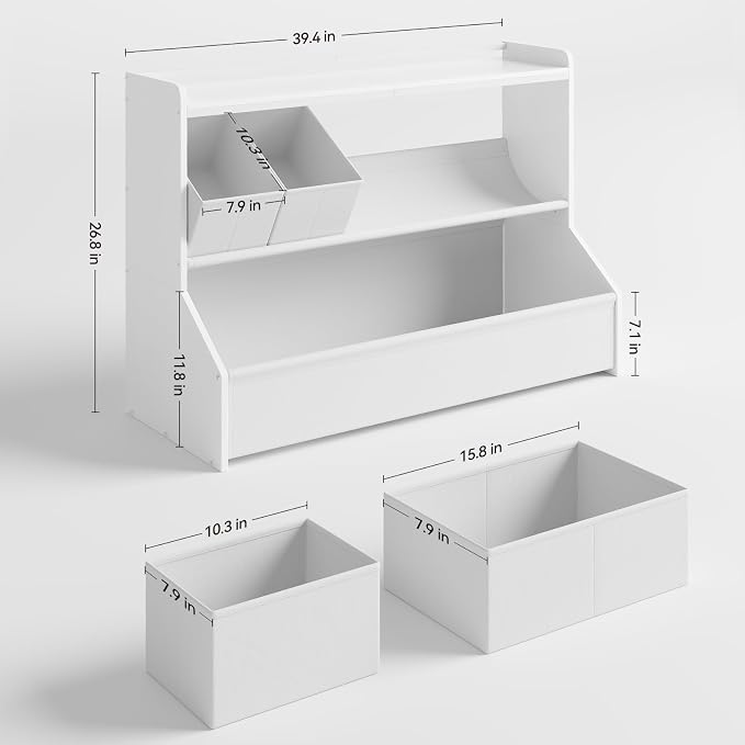 FOUCSSOMEI Extra Large Toy Storage Organizer for Kids, Wooden Toy Organizer and Storage with Bookshelf, 3 Removable Bins and Large Storage Bin, Toy Shelf for Playroom, White, Patent Design