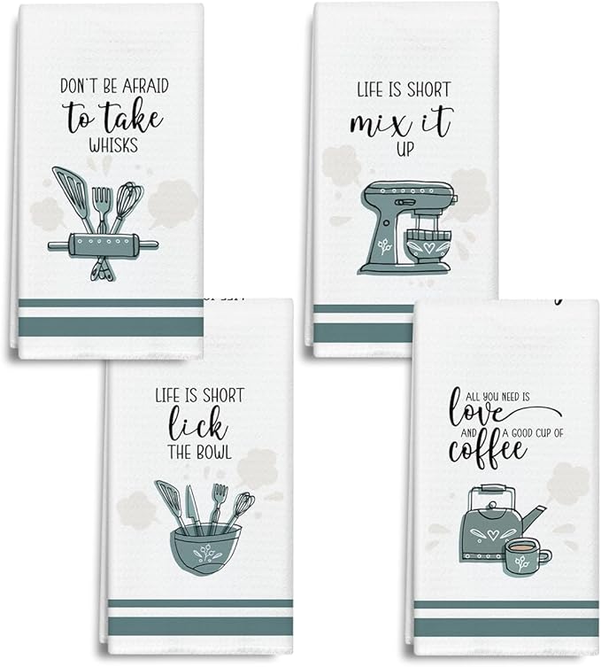 Funny Coffee Kitchen Towels and Dishcloths Set of 4, Farmhouse Decorative Hand Towel Drying Cloth for Bathroom Cooking Baking, Housewarming Gift for Hostess, Women, 16x24 Inches -05