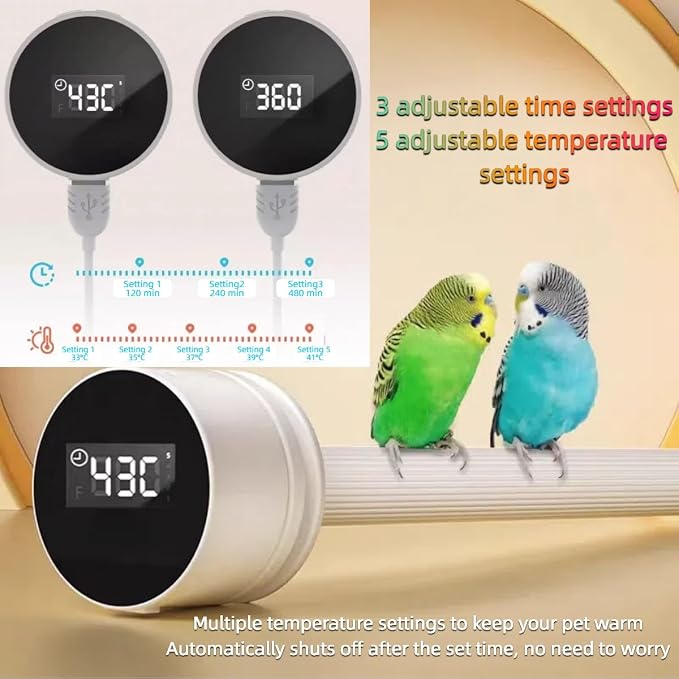 Parrot Heated Perch, 5-Level Adjustable Temperature Heated Bird Perch with Timer & Display, Bird Cage Heater Stand for Small Medium Birds Indoors Outdoor (White, M)