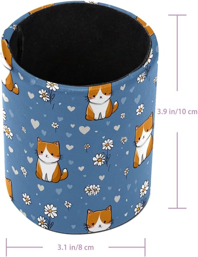 Faux Leather Pen Holder for Desk, Pencil Organizer Cute Cats Pen Cup Desk Decor Makeup Brush Holder Storage for Office Home