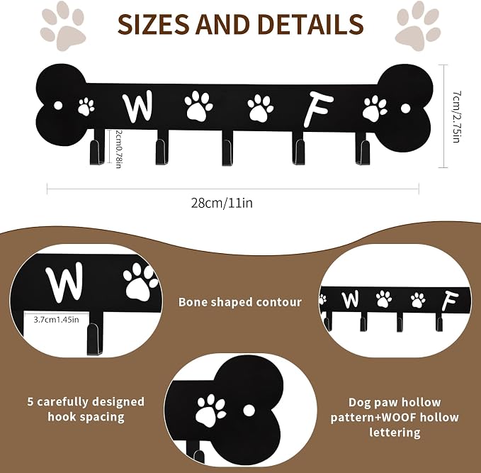 Dog Leash Holder for Wall Key Hooks Decorative, 5 Hooks 11×2.75 inch for Wall Decorative Animal Storage Rack Adhesive, Black Key Holder wall Mount for Entrance Living Room Kitchen-Dog Lovers Gifts