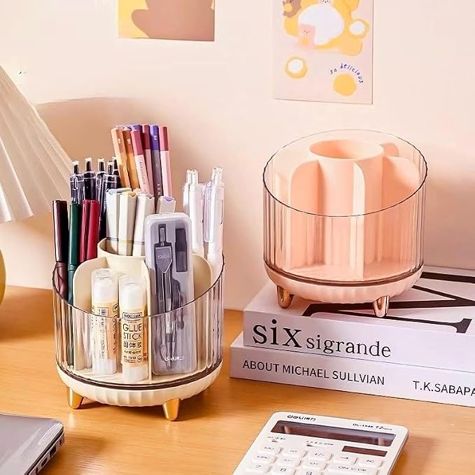 Rotating Desk Organizer with 7 Slots, 360-Degree Pencil Holder, Office Supply Storage for Home, School (Transparent Pink)