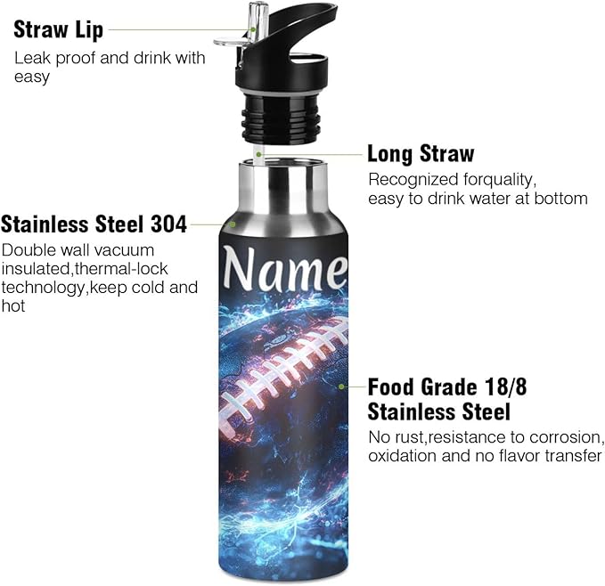 Custom Name American Football Blue Lightning Water Bottle with Straw Lid Kids Insulated Stainless Steel Water Flask Sports, 20 Oz Hot Cold
