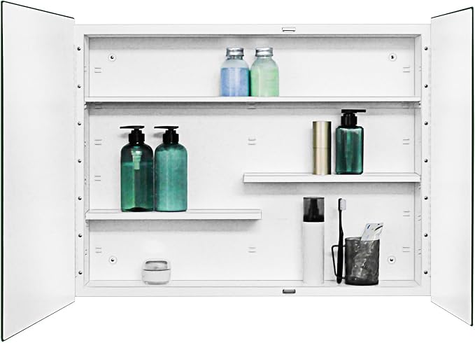 White Metal Double Door Medicine Cabinet 30 x 24 Beveled Mirror, Wall Mount | Double Door Metal Mirror Cabinet with Adjustable Staggered Shelves, Piano Hinge, Fully Assembled, Recessed / Surface Mounting