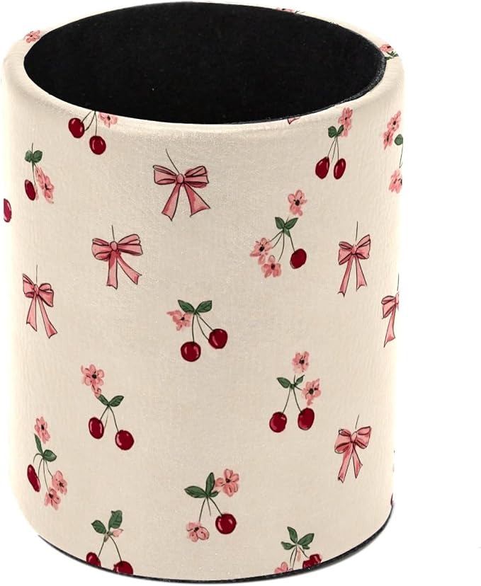 Bows and Cherries Pen Holder, Pencil Cup Marker Brush Holder Desk Storage Case, Desktop Organizer for School Office Home Supplies