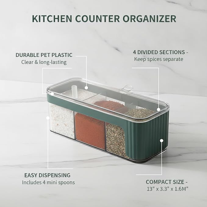 Fits Kitchen Countertops: 4-Section Spice Organizer, Durable PET Plastic Seasoning Caddy for Salt, Pepper, and Dry Herbs, Compact 13-Inch Storage Box