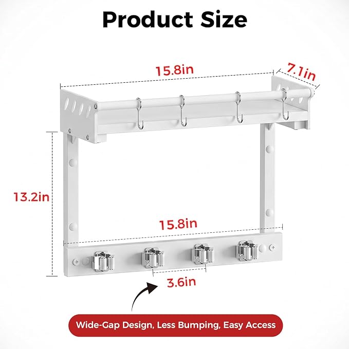 Broom Holder Wall Mount with Shelf,Broom Hanger with 4 Hooks,Broom and Mop Organizer Wall Hanging for Laundry,Garage, Utility,Broom Rack,Cleaning Supplies Organizer and Tool Storage,White