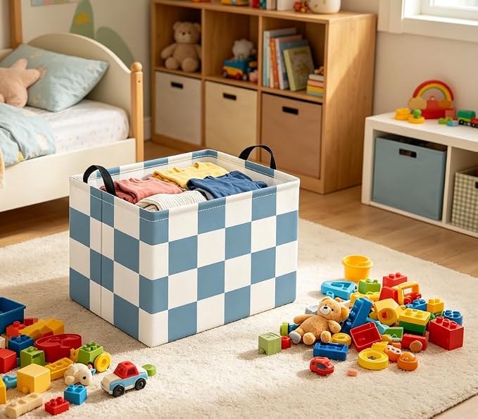 Rectangular Baby Kids Storage Basket for Home Kitchen Girls Cute Toy Storage Bin Organizer Shelf Book Room Decor(Blue Checkered)