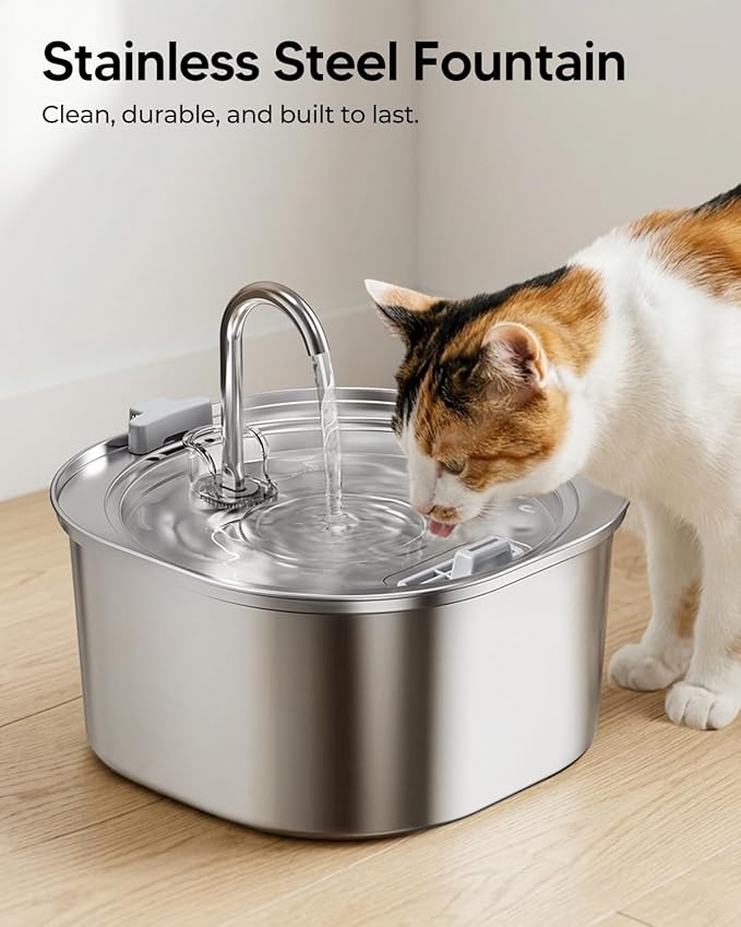 PEKTACO Cat Water Fountain, 3.2L/108oz Stainless Steel Pet Water Fountain for Cats Indoor, Dog Drinking Dispenser Metal Kitty Spout with 6 Filters+ 6 Sponges