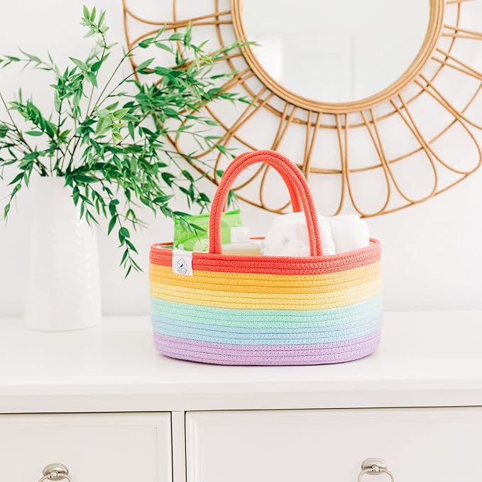 OrganiHaus Rainbow Rope Diaper Caddy Organizer, Nursery Basket | Woven handles; a toy bin, laundry bin, or newborn essentials storage; great for car, baby shower gifts, or bedroom decor