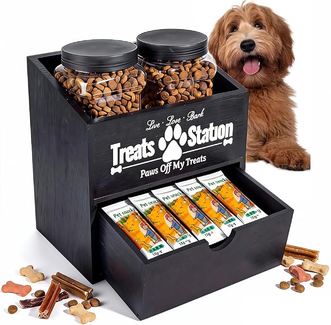 Pet Food Storage Container with Drawer, Wooden Dog Treat Container | Black Pet Food Storage with 2 Plastic Dog Treat Jars for Dog and Cat,Wood Cat Treat Container, Dual Desk & Wall Mount Design