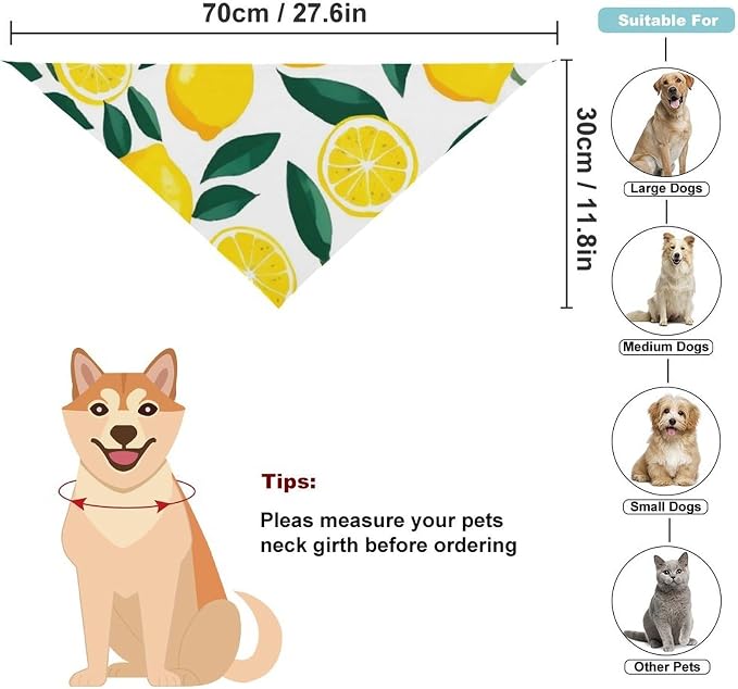 Summer Breathable Scarf for Small, Medium, Large Dogs Yellow Lemon and Cats, Washable Handkerchief with Adjustable Design