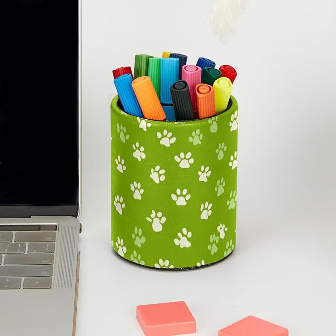 Faux Leather Pen Holder for Desk, Pencil Organizer Pet Paws Pen Cup Desk Decor Makeup Brush Holder Storage for Office Home