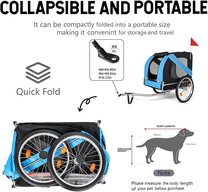 Dog Bike Trailer, Foldable Pet Bicycle Trailer with 20" Air-Filled Wheels, Universal Bike Hitch, Oxford Fabric & Steel Frame, Weather-Resistant Pet Carrier Cart for Small & Medium Dogs up to 66