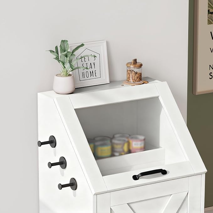 Pet Feeding Station with Storage Cabinet & 2 Elevated Bowls,Hooks,White | Flip-top Sealed Food Bin.Pull-out Bowl Drawer with Wheels.3 Side Hooks+Internal Shelf for Cans.Anti-tip Device.For Dogs/Cats.