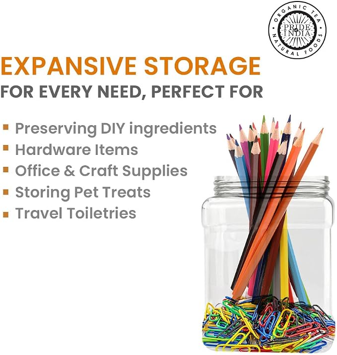 Pride of India Clear Food Grade PET Plastic Jars – 32 Fluid Ounce, 6-Jar Pack | Square-Grip Plastic Containers for Snacks, Pet Food, Kitchen, Pantry & Household Storage (3-4 Cup Storage Capacity)