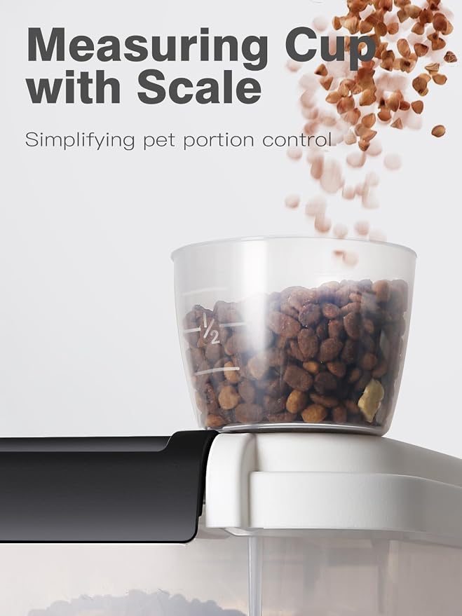 20 lb Stackable Pet Food Storage Containers, 3 Pack | Three stackable airtight bins hold 4, 6, and 10 lb for 20 lb total; includes 3 measuring cups and clear BPA-free bodies.
