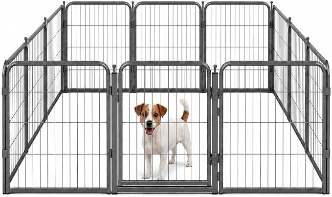 Dog Play Pen for Outdoor Use - 24'', 12 Panels for Small and Puppy Size Dogs - Portable Playpen Pet Fence for RV, Camping, and Yard - Heavy Duty Kennel w/Grey Rust Resistant Coating